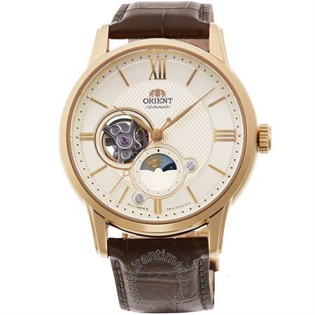 ساعت مچی مردانه کلاسیک بند چرم طبیعی، نمایش حالت ماه، اتوماتیک، سنگ قیمتی داخل موتور، قلب باز