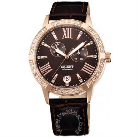 ساعت مچی زنانه کلاسیک بند چرم طبیعی، نمایش تاریخ کامل، نگین دار، اتوماتیک، سنگ قیمتی داخل موتور