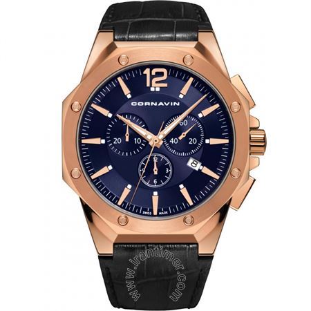 ساعت مچی مردانه کلاسیک بند چرم طبیعی، کرونوگراف، Ronda 5030.D، نمایش تاریخ، رنگ PVD