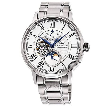 ساعت مچی مردانه کلاسیک تمام استیل، نمایش تاریخ، نمایش حالت ماه، قلب باز، اتوماتیک، سنگ قیمتی داخل موتور