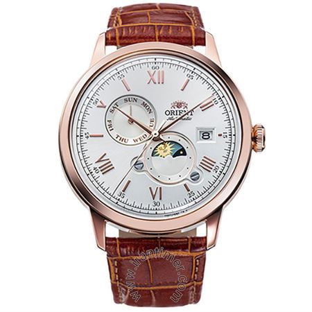 ساعت مچی مردانه کلاسیک بند چرم طبیعی، نمایش تاریخ و روز، نمایش حالت ماه و خورشید، اتوماتیک، 22 عدد سنگ قیمتی داخل موتور