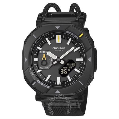 ساعت مچی مردانه اسپرت بند پارچه ای، هوشمند، اتصال به موبایل از طریق بلوتوث و برنامه CASIO WATCHES، مقاوم در دما پایین -10 سانتی گراد، دارای دو نور پس زمینه، نمایش تاریخ کامل تا سال 2099