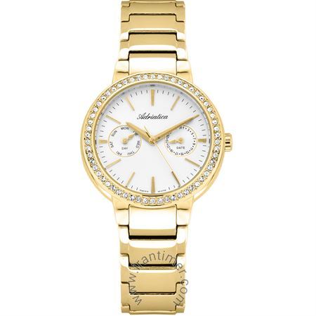 ساعت مچی زنانه کلاسیک تمام استیل، نمایش تاریخ و روز، نگین دار، موتور Ronda 706، رنگ PVD