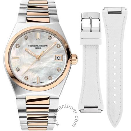 ساعت مچی زنانه فشن تمام استیل، همراه با بند پلاستیکی، دارای 5 عدد سنگ قیمتی داخل موتور، دارای 8 عدد الماس 0.04 قیراطی داخل صفحه، موتور Ronda 705