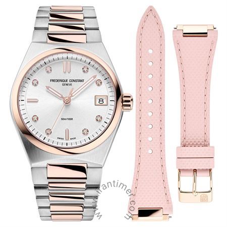 ساعت مچی زنانه کلاسیک تمام استیل، همراه با بند پلاستیکی، دارای 5 عدد سنگ قیمتی داخل موتور، دارای 8 عدد الماس 0.04 قیراطی داخل صفحه، موتور Ronda 705