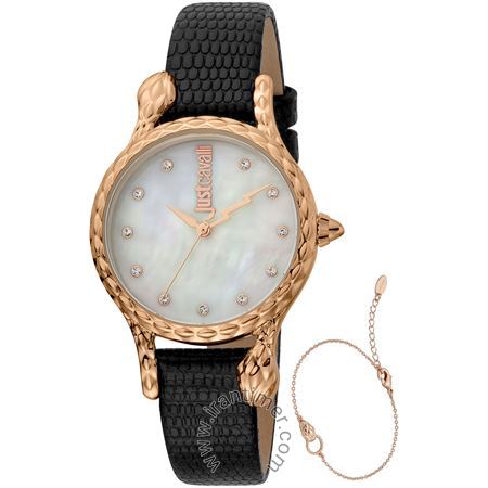 ساعت مچی زنانه کلاسیک بند چرمی، نگین دار، رنگ PVD، همراه با دستبند ست